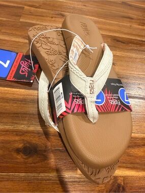 Flojos Women's Tan Footbed with Cream Braided Thong Sandals